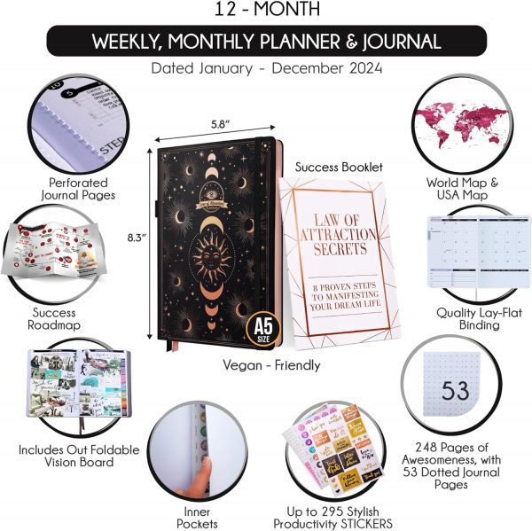 Law of Attraction Planner 2024 - Deluxe Weekly, Monthly Planner, a 12 Month Journey to Increase Productivity & Happiness - Life Organizer, Gratitude Journal, and Stickers - Image 2